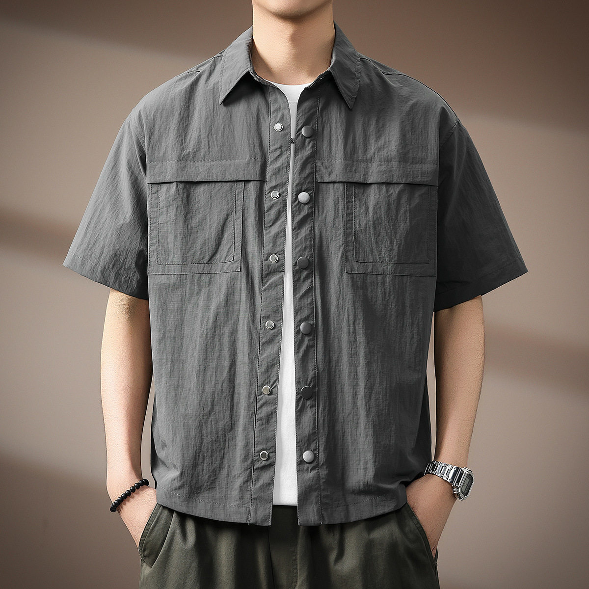 夏季新款短袖衬衫男翻领工装日系复古拼接五分袖衬衣外套潮流