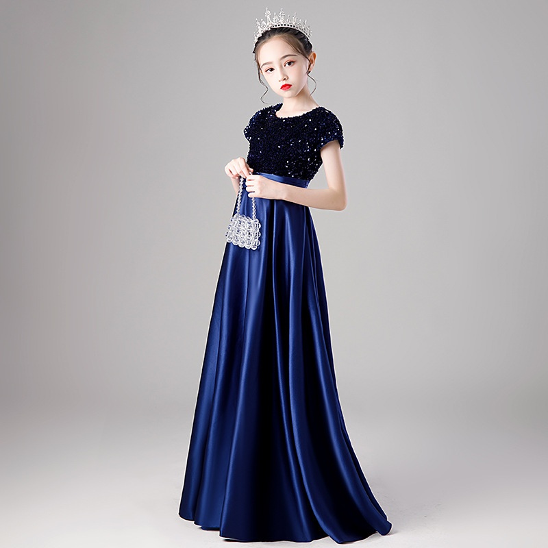 儿童礼服公主裙2023秋季蓝色亮片洋气钢琴演出服小主持人生日