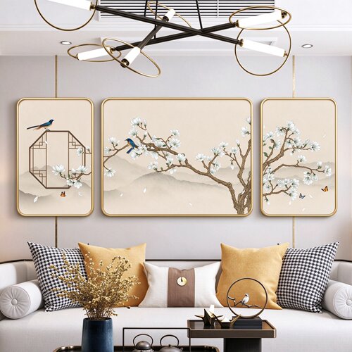 新中式客厅装饰画三联沙发背景墙挂画花鸟禅意书房茶室中国风壁画