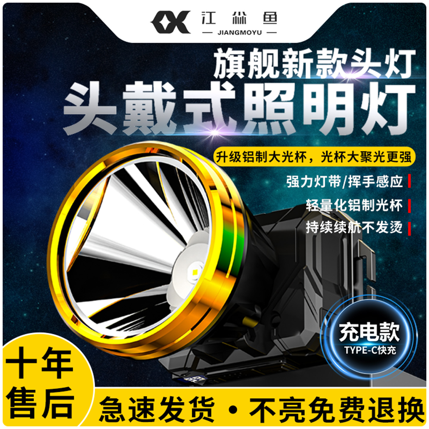 头戴式照明灯强光超亮矿灯超长续航感应钓鱼专用防水户外登山赶海