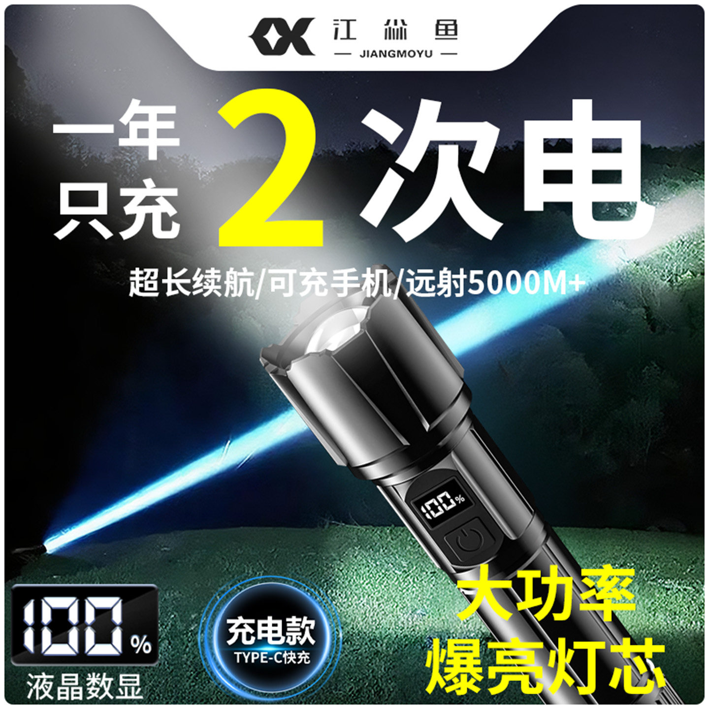 强光手电筒小型便携超亮超长续航大容量充电式耐用家用led白激光