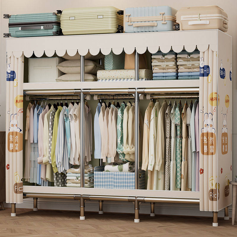 布衣柜全钢架加固加厚家用卧室出租房用简易衣柜结实耐用组装K21