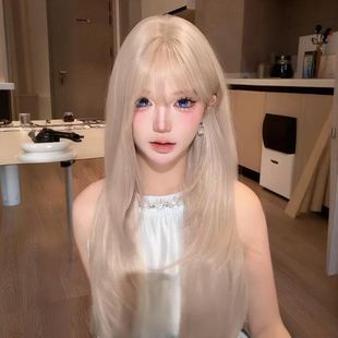 奶茶白金色刘海层次长直发女自然全头套式 仿真发 女团发色cos
