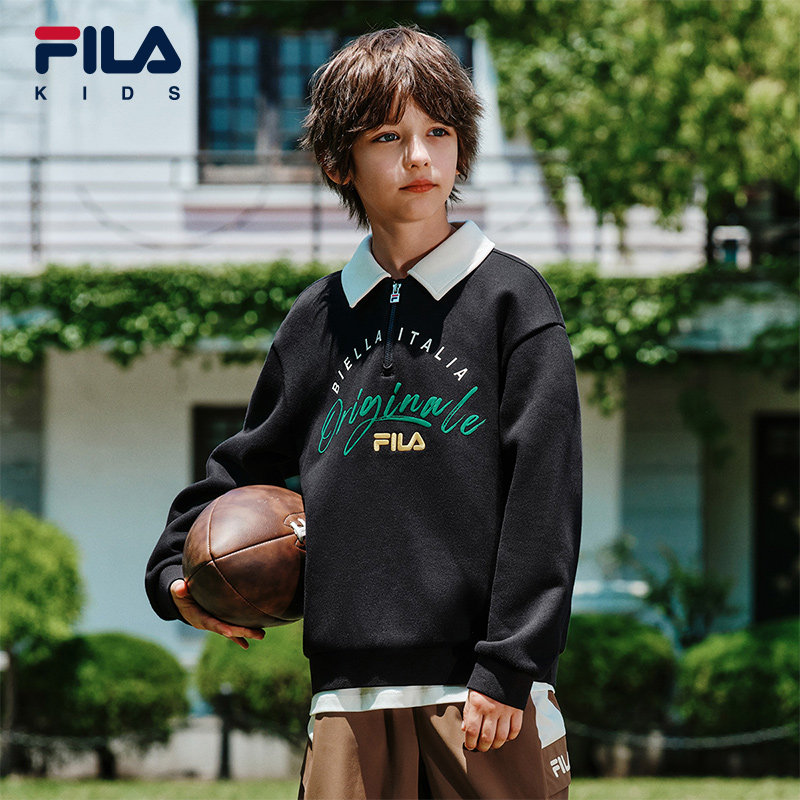 FILA 斐乐童装儿童针织长袖上衣冬季款男女童加绒抗菌保暖卫衣