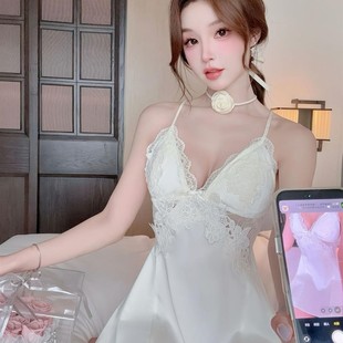 带胸垫美背蕾丝水溶花吊带睡裙纯欲风家居服 女士性感睡衣冰丝夏季