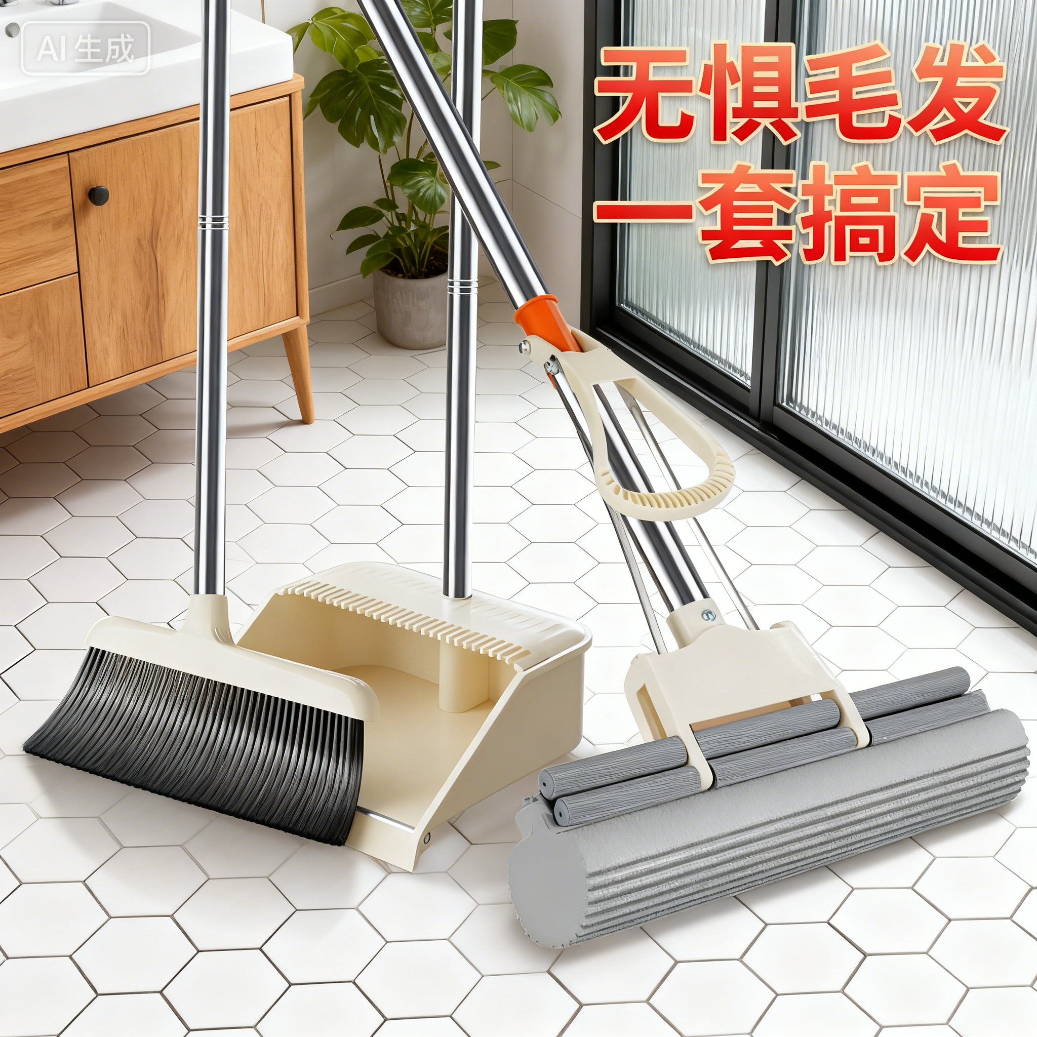 拖把扫把三件套家用免手洗不锈钢杆子扫帚套装客厅卫生间清洁工具