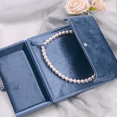 雾蓝色绒面首饰盒双开门式珍珠项链收纳盒轻奢珠宝盒