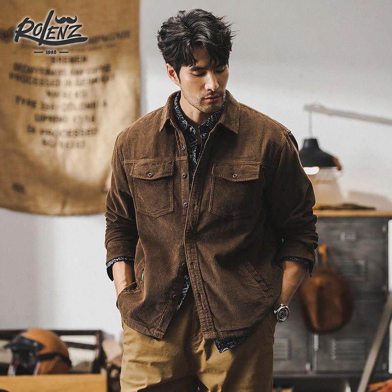ROLENZ美式经典重磅工装衬衫式夹克外套男复古灯芯绒阿美咔叽衬衣