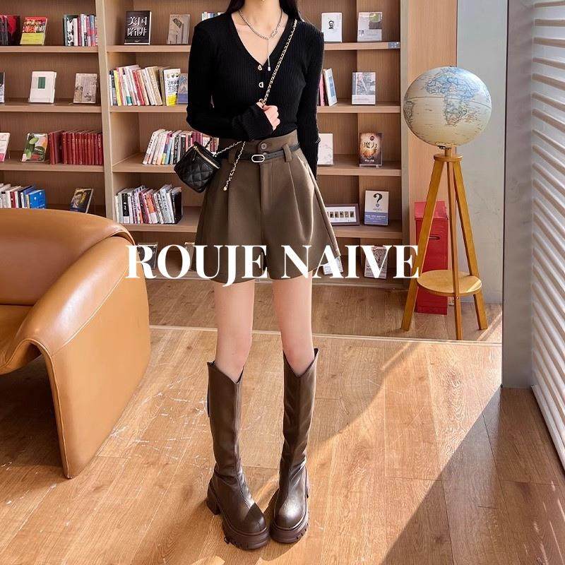 ROUJE NAIVE毛呢短裤女春秋新款加厚高腰显瘦打底a字阔腿休闲靴裤