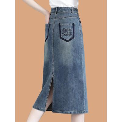 夏季女性半长牛仔裙纤细高腰修身后看开衩aa线中长娇小的母亲裙夏