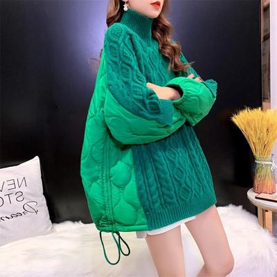 LEEDI秋冬新款设计感小众针织衫外套高领中长款拼接毛衣女加厚