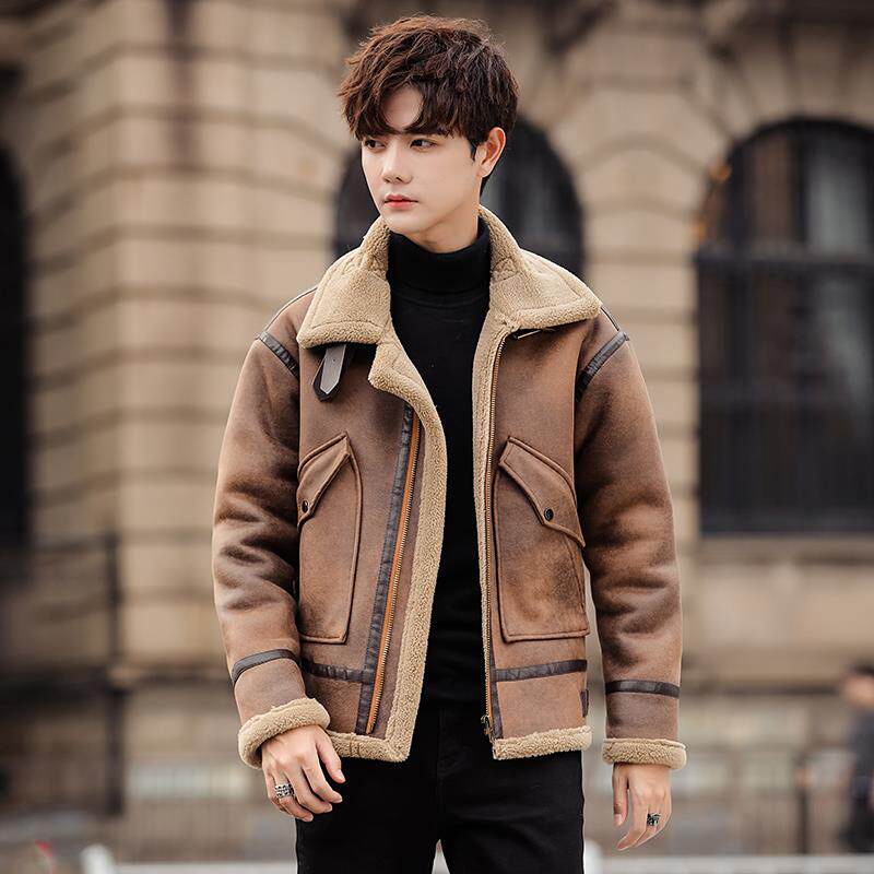 TWG羊羔绒外套男皮毛一体美式冬季加绒棉衣保暖机车棕色皮衣棉服