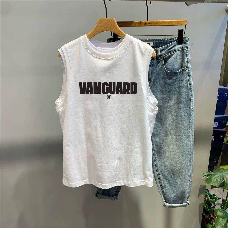 2025夏季男士纯棉无袖背心简约字母印花休闲运动坎肩透气百搭汗衫