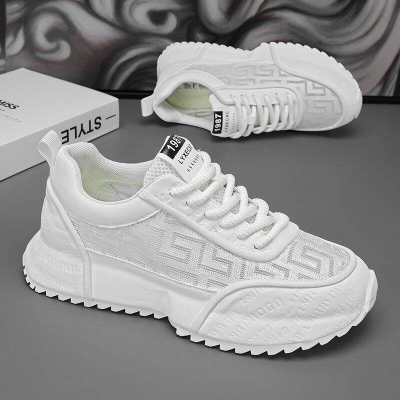 白色老爹鞋男厚底网面透气白鞋夏季2025新款潮流软底包底小白鞋男