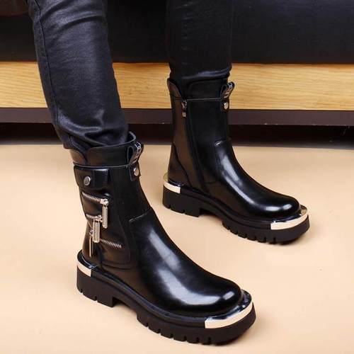 高端潮牌新款男士真皮马丁靴休闲高筒靴内增高中帮皮靴机车工装靴