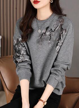 Canary Kiss灰色亮片圆领卫衣女春秋新款宽松百搭长袖上衣176070