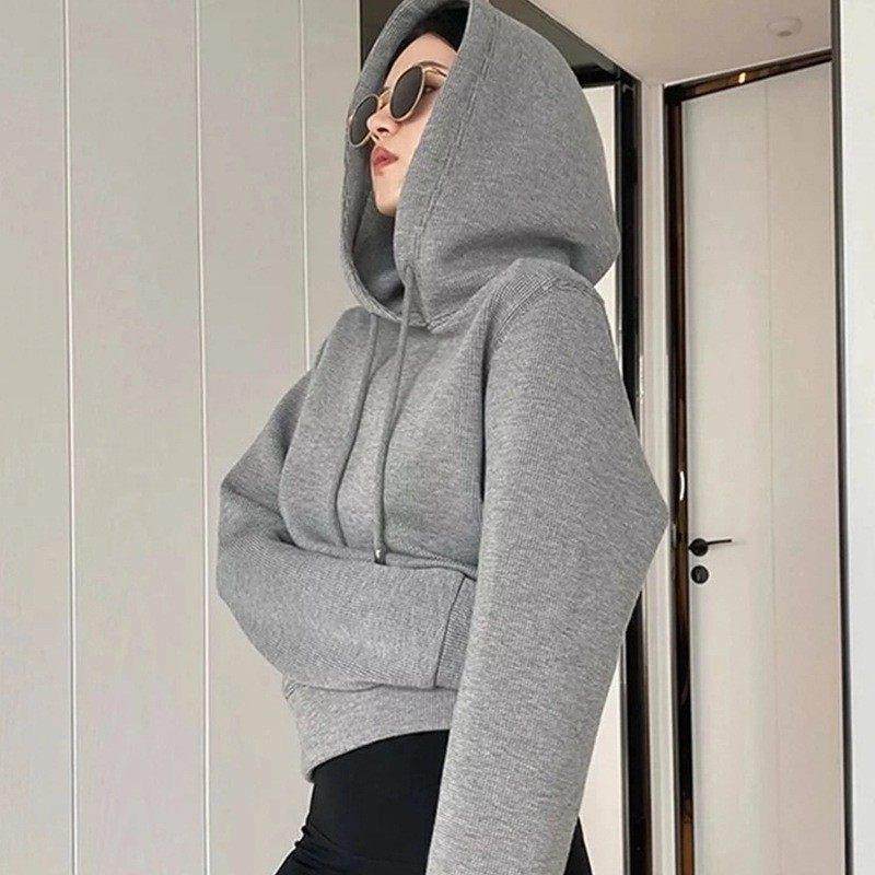 香港高级感短款加绒加厚连帽灰色卫衣女设计感小众小个子秋冬宽松