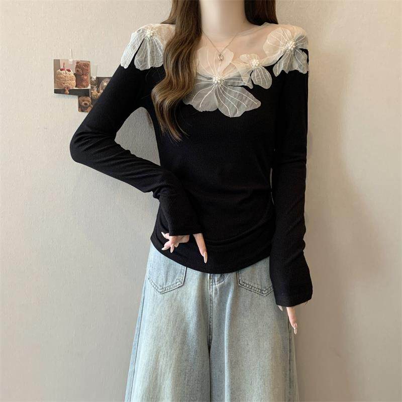 IT UNDER GARDEN 法式立体花朵长袖针织衫女秋冬季大码打底不撞款