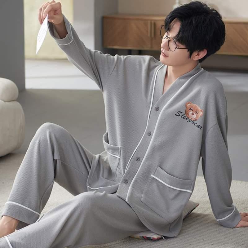居家可外长袖青少年套装家居服条纹穿睡衣冬季男士新款大码2023
