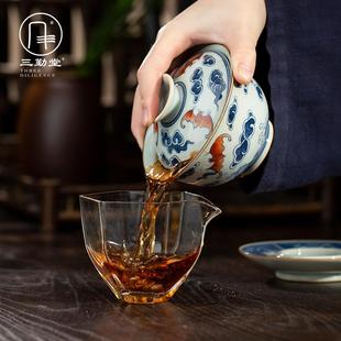 青花瓷斗彩盖碗手绘景德镇三才茶碗单个茶杯不烫手茶碗 三勤堂中式