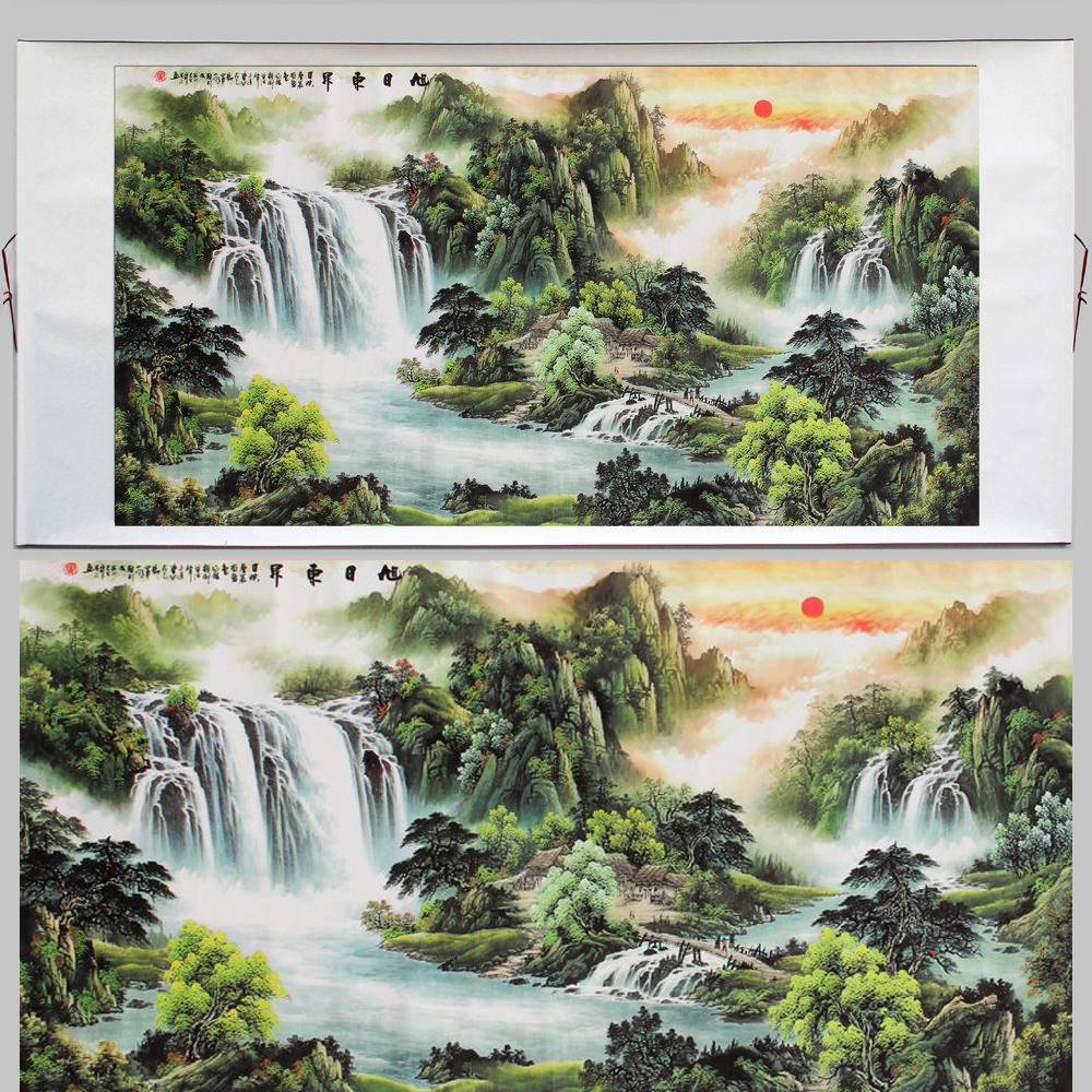 新款山水画风水靠山字画聚宝盆鸿运当头客厅壁画办公室装饰画卷轴