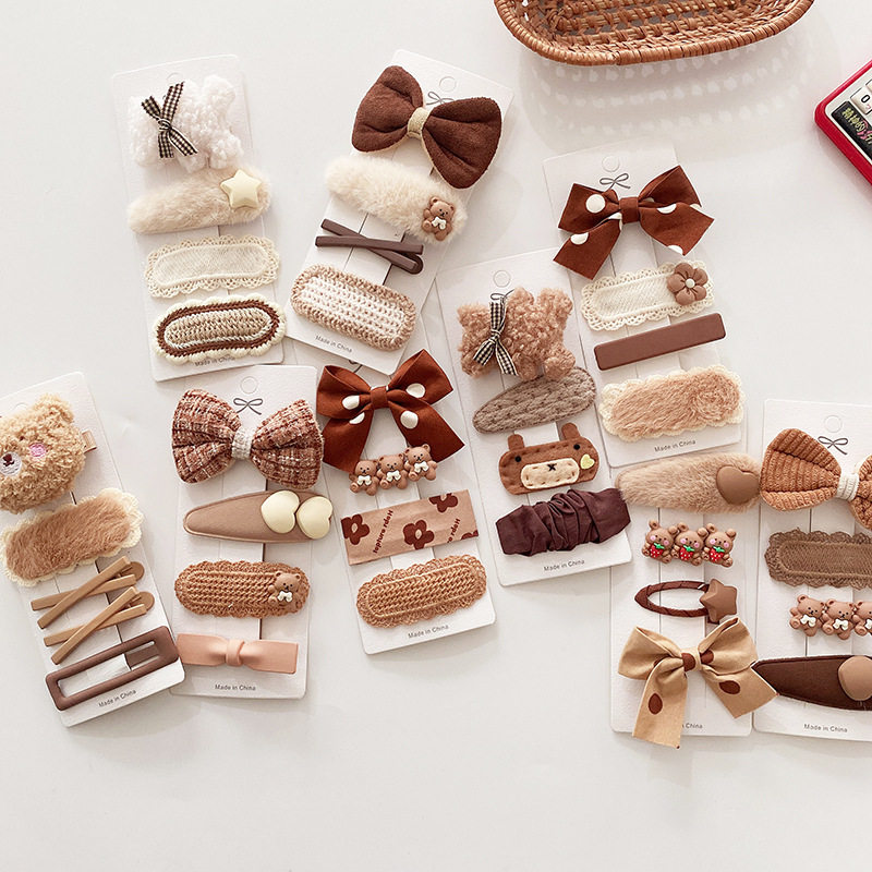 4个装 韩系奶茶甜美布艺蝴蝶结儿童边夹可爱百搭女童卡通发夹套装