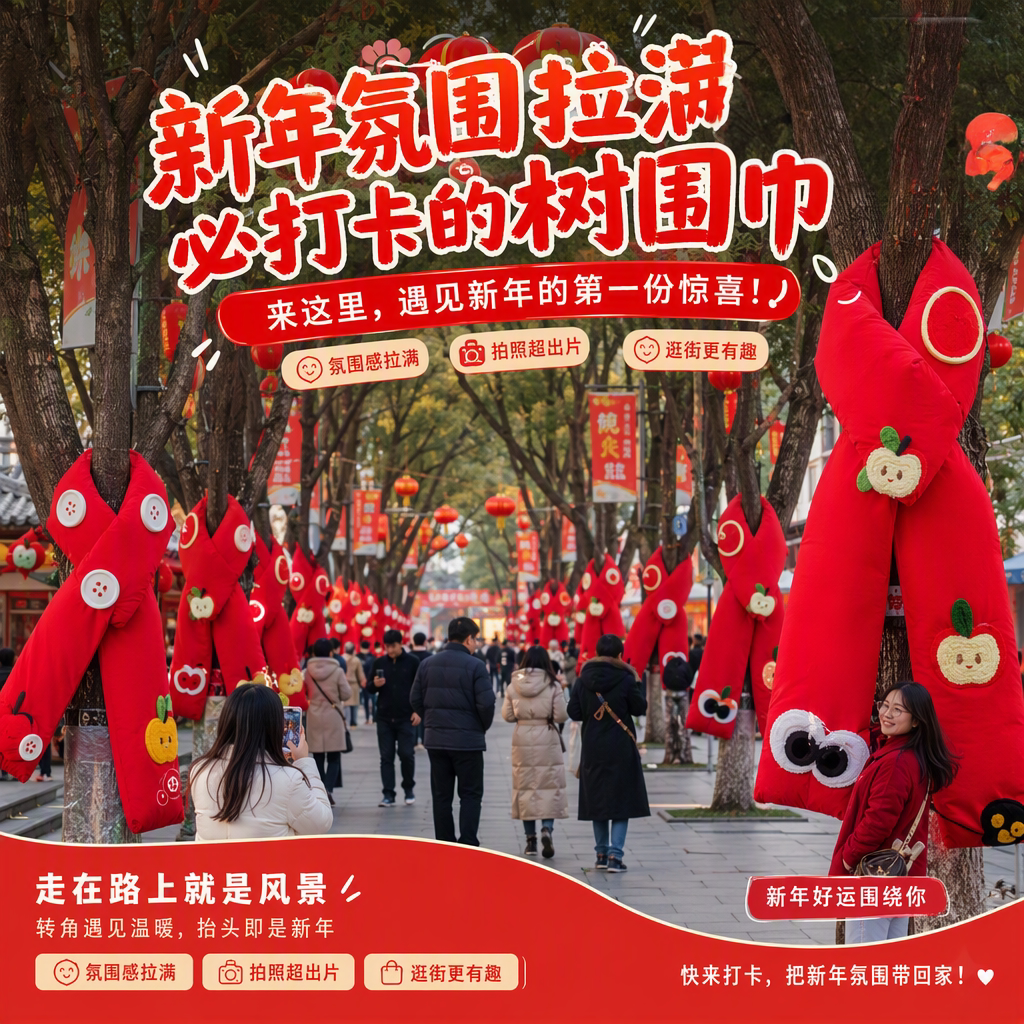 新年创意户外大树围巾布艺装饰巨型红色卡通围脖拍照打卡网红布置