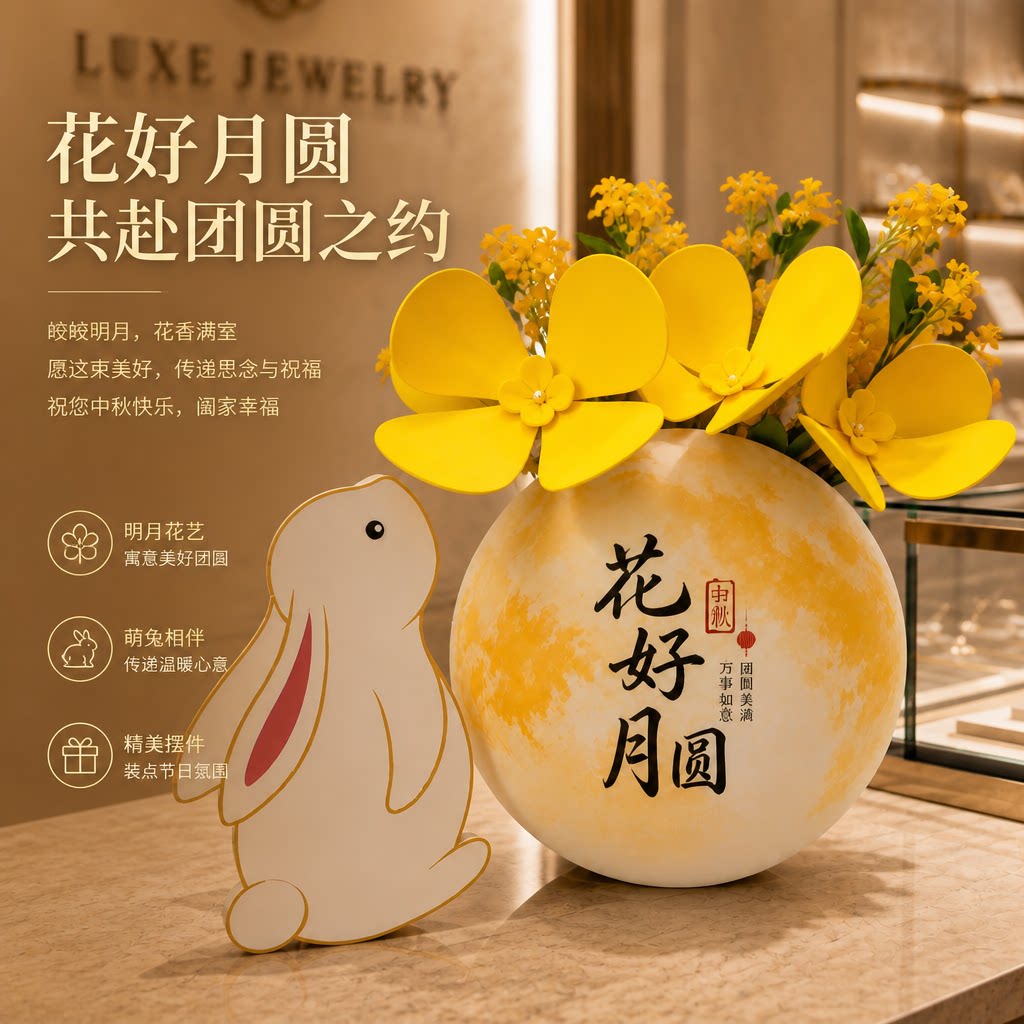 商场柜台仿真eva桂花发光月亮兔子装饰摆件桌面中秋节日美陈道具