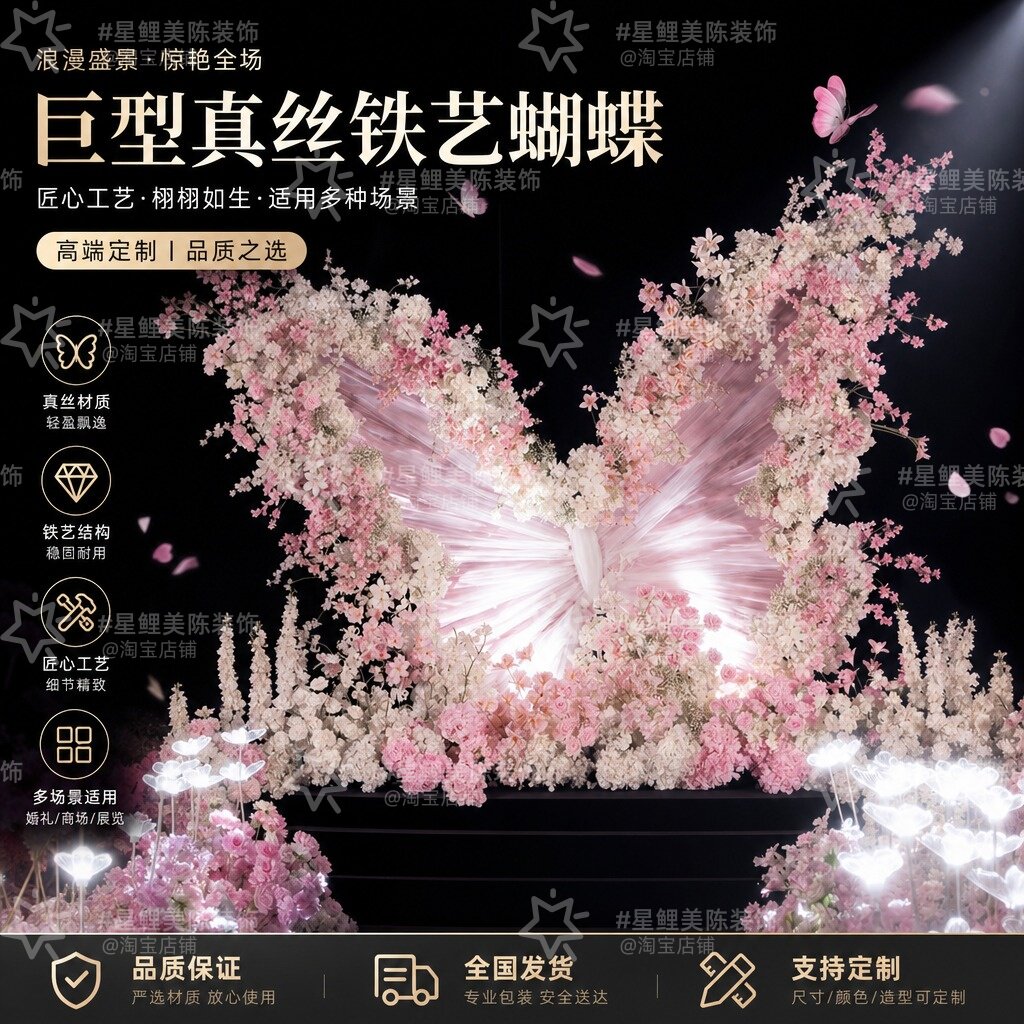 巨型立体蝴蝶美陈装饰商场景区大型仿真花蝴蝶拍照背景墙打卡摆件