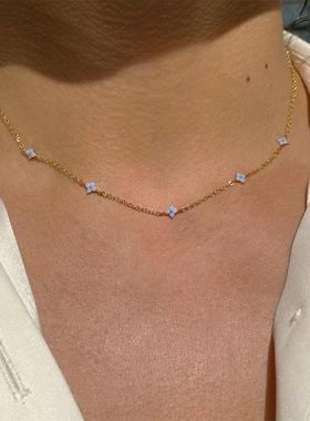 New Design Tiny Blue Flower Necklace for Women Gold Color Cu