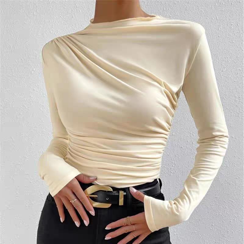 Solid Color Slim Fit Pleated Long Sleeve T-shirt Women's