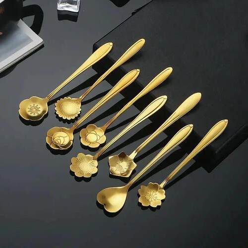 6pcs Stainless Steel Cherry Rose Flower Gold Scoop Coffee Sp