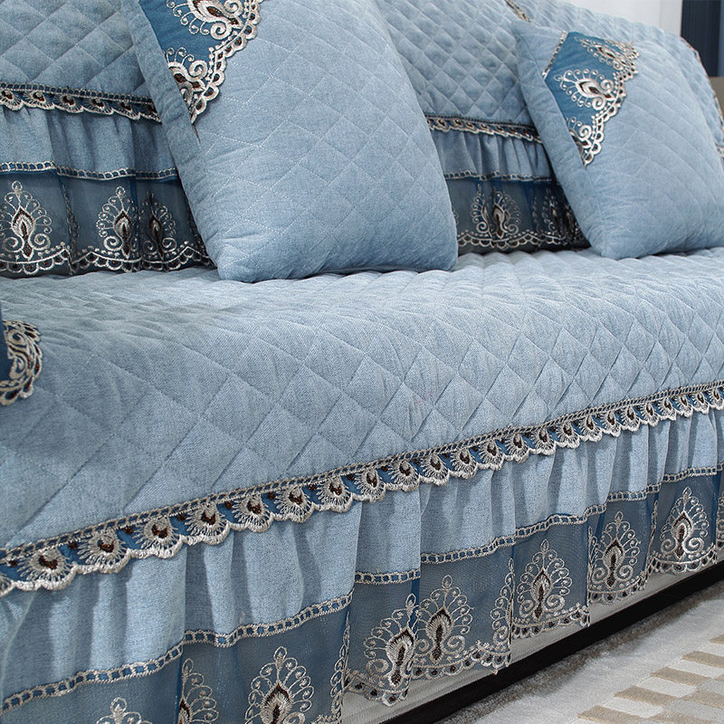 沙发垫四季通用欧式纯色耐脏防滑组合沙发套贵妃全包罩定做灰蓝色