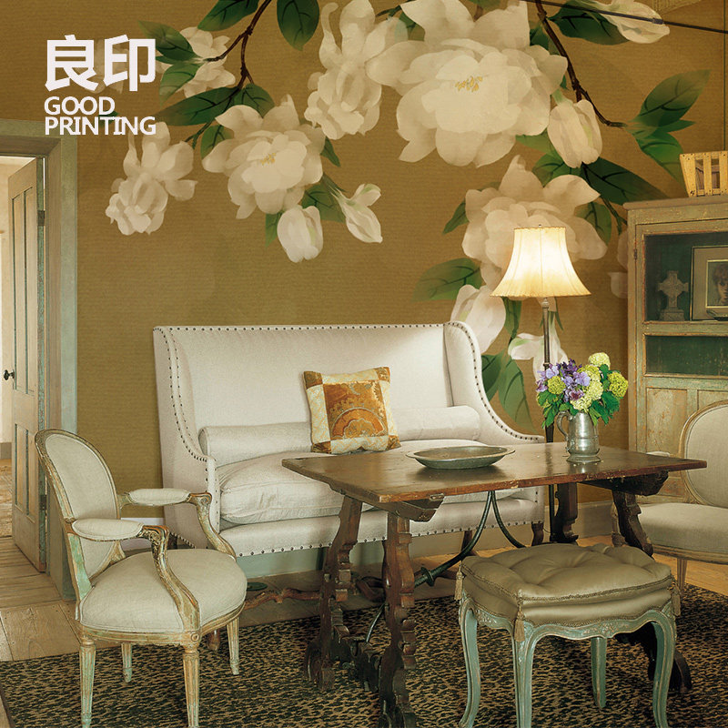 良印 新中式电视背景墙定制手绘壁纸卧室大花墙纸无纺布壁画墙布