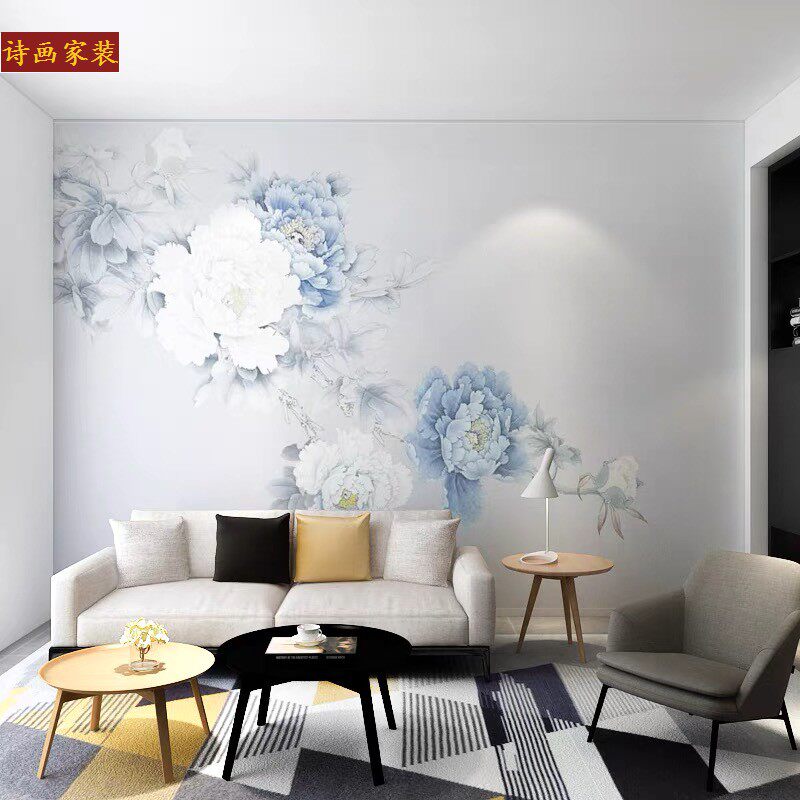 新中式花开富贵电视背景墙花鸟墙纸壁画定制客厅卧室壁布牡丹墙布