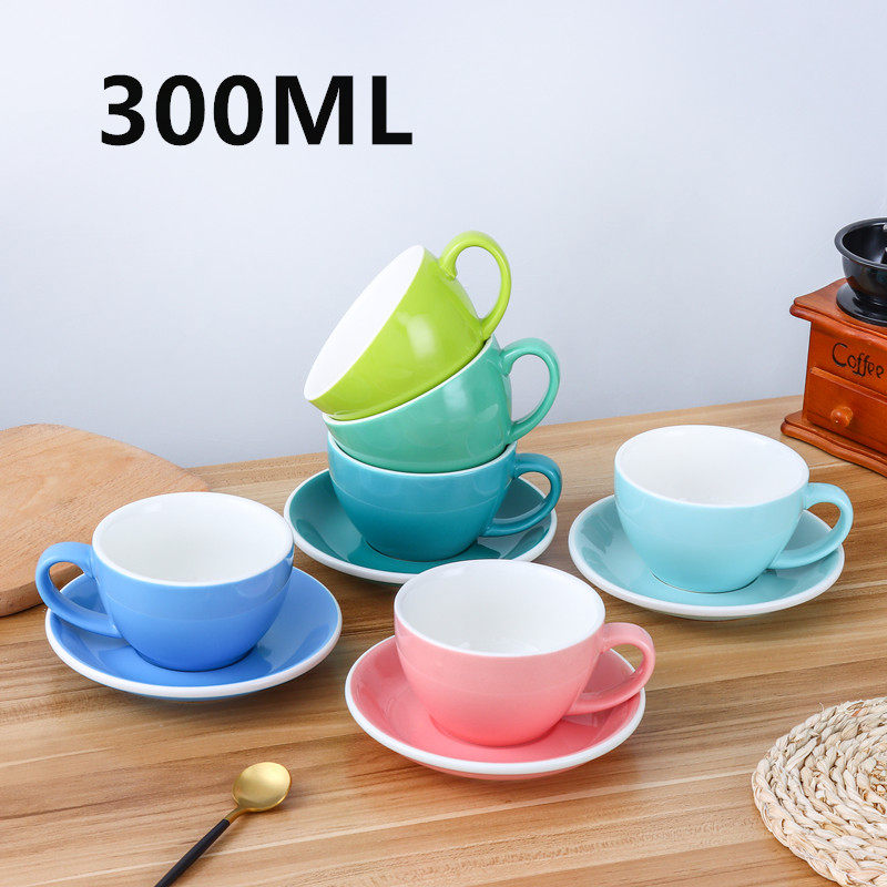 300ml大容量咖啡杯碟欧式小奢华陶瓷纯色拉花杯子拿铁杯定制LOGO