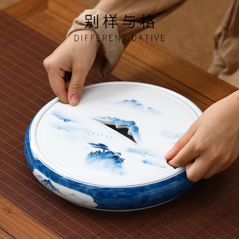 手绘青花陶瓷圆形沥水托盘功夫泡茶储水茶台精致茶盘小型茶具家用