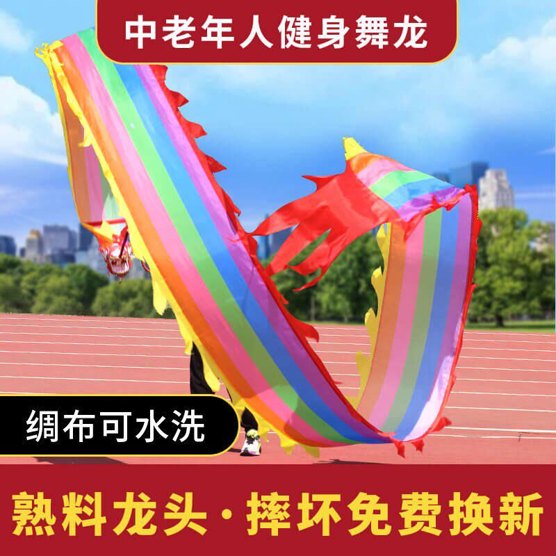 新款广场舞健身龙甩彩带中老年晨练舞龙彩带健身龙老人彩绸健康甩