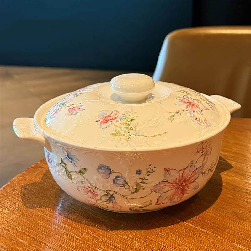 德国蕾丝花卉双耳陶瓷汤碗带盖家用餐厅精致汤锅大容量双耳大汤盆