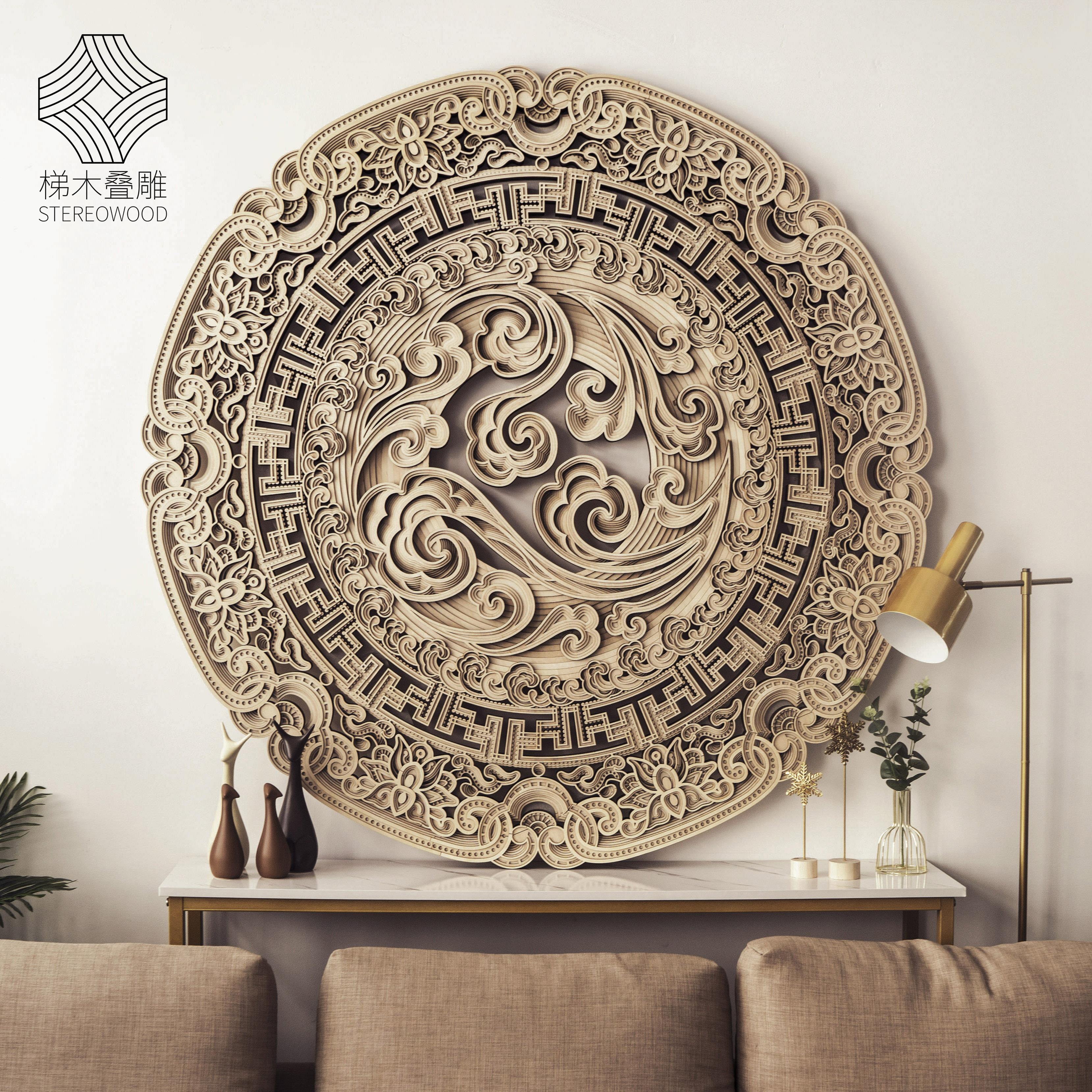 梯木叠雕创意木质新中式墙面装饰壁饰圆形立体饭厅客厅壁挂装饰品