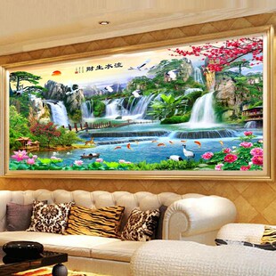 精选宣绒布钻石画满钻2025新款客厅风景风水大画5d钻石绣流水生财