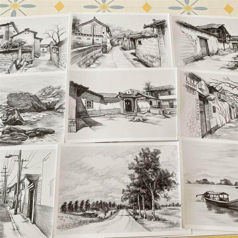素描风景建筑临摹卡片 铅笔速写 素描写生学习少儿美术绘画带步骤