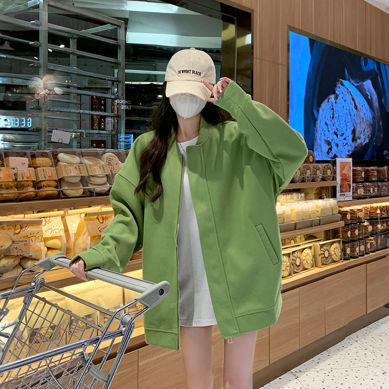 中长款外套女秋绿色2025新款休闲复古拉链显瘦棒球服即墨卫衣山东