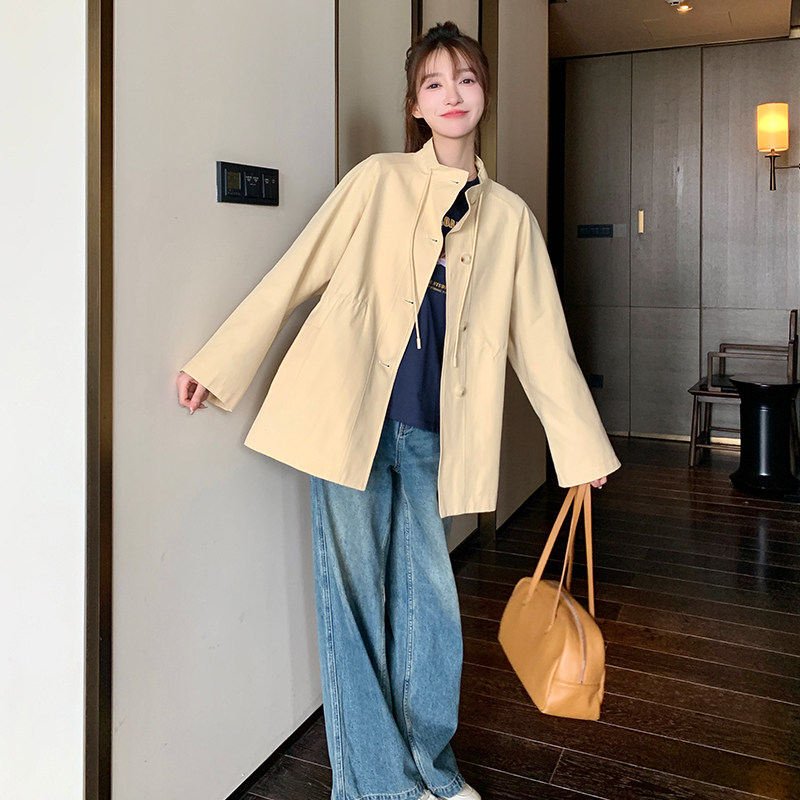 黄色工装风衣外套女春秋2024新款韩系宽松小个子抽绳收腰显瘦夹克图片