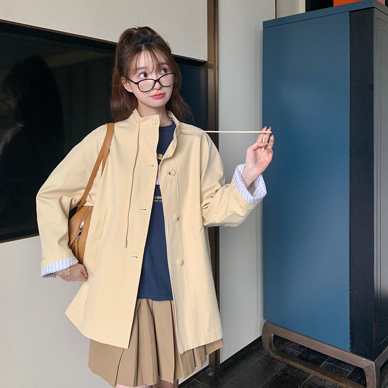 黄色工装风衣外套女春秋2024新款韩系宽松小个子抽绳收腰显瘦夹克,女装风衣,浙宝192（原082）