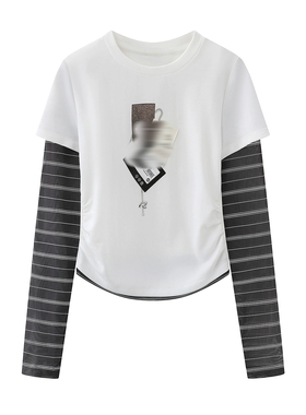 RREVANM芮范曼曼2026春新款圆领拼接印花长袖打底衫T恤RK11001381