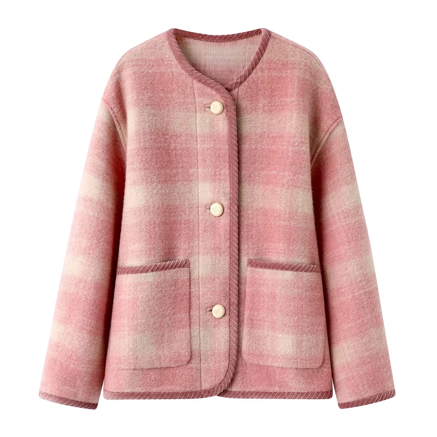 D家【复古学院风】毛呢外套2025冬季格纹法兰绒包边大衣女3J4G104