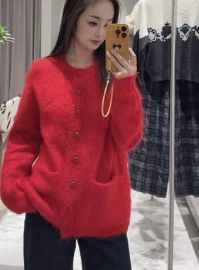 D家【周四上新】2026年春季绵羊毛混纺圣诞红色针织开衫2K1YE41