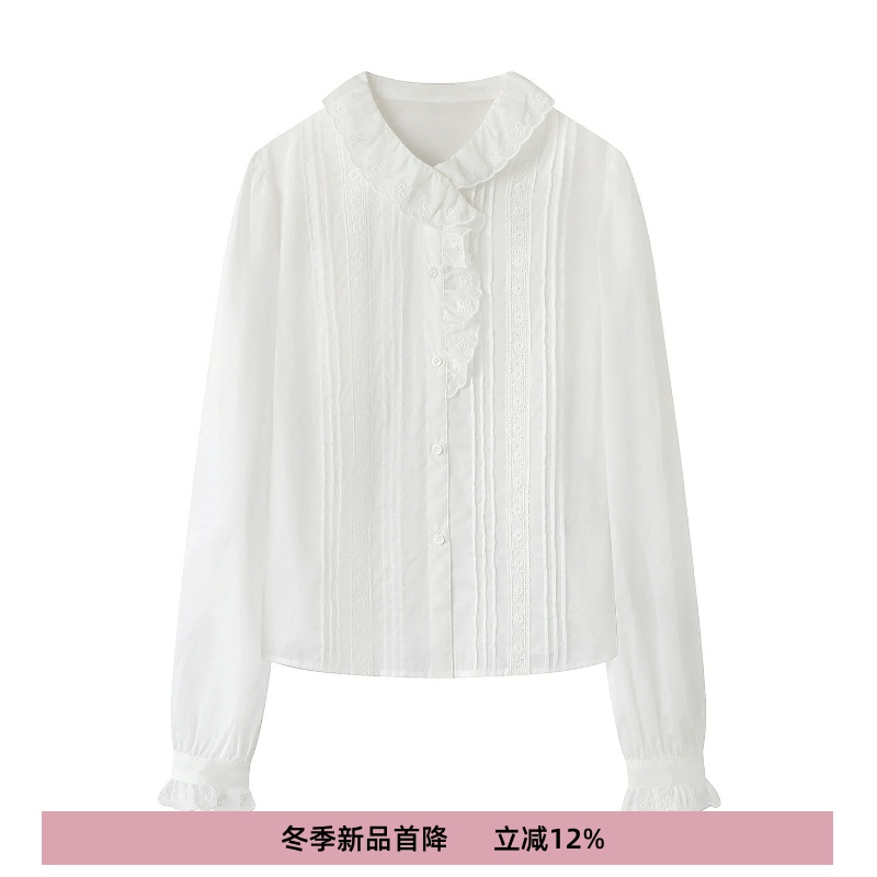 D家2025冬季新款荷叶花边泡泡袖刺绣长袖衬衫上衣女3J4D550