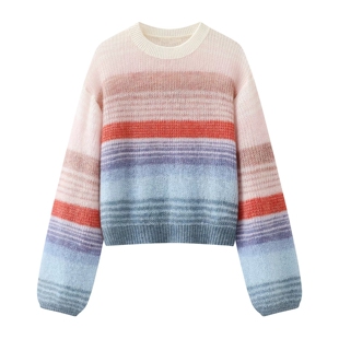 【上新】长袖针织衫2026春新款多巴胺彩条灯笼袖上衣女3K1EE21